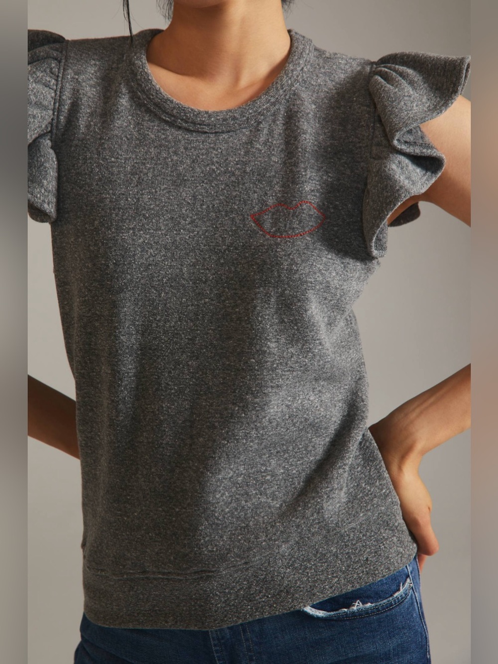 Clare V. Heather Grey Ruffle Sleeve Sweatshirt Top Red Embroidered Lips XL